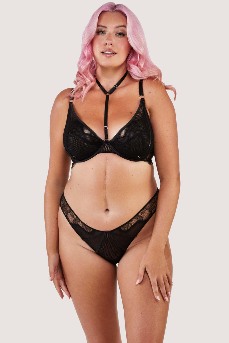 Black panelled mesh and lace brief with lace detailing, seen with a matching harness bra.