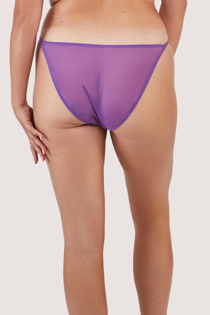 Purple mesh tanga brief with pink and purple floral embroidery.