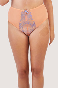 Orange mesh high-waisted brief with lacey blue-lilac detailing on the front.