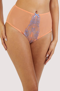 Orange mesh high-waisted brief with lacey blue-lilac detailing on the front.