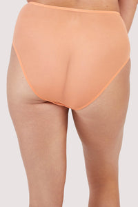 Back view of orange mesh high-waisted brief with lacey blue-lilac detailing on the front.