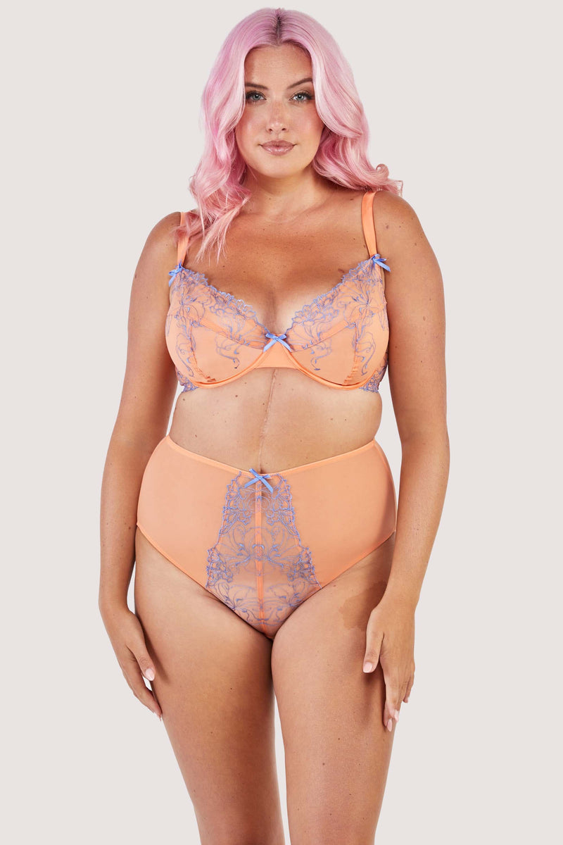 Orange mesh high-waisted brief with lacey blue-lilac detailing on the front, worn with a matching bra.