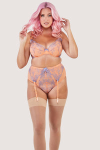 Mesh and lace orange bra, suspender and brief set with lilac/blue lace embroidery accents and bows.