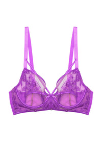 Purple lace longline DD+ plunge bra with harness straps