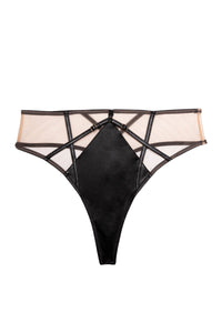 Ramona Black Leatherette Strap Detail Illusion Mesh High Waisted Thong