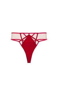 Ramona Ruby Red Strap Detail Illusion Mesh High Waisted Thong