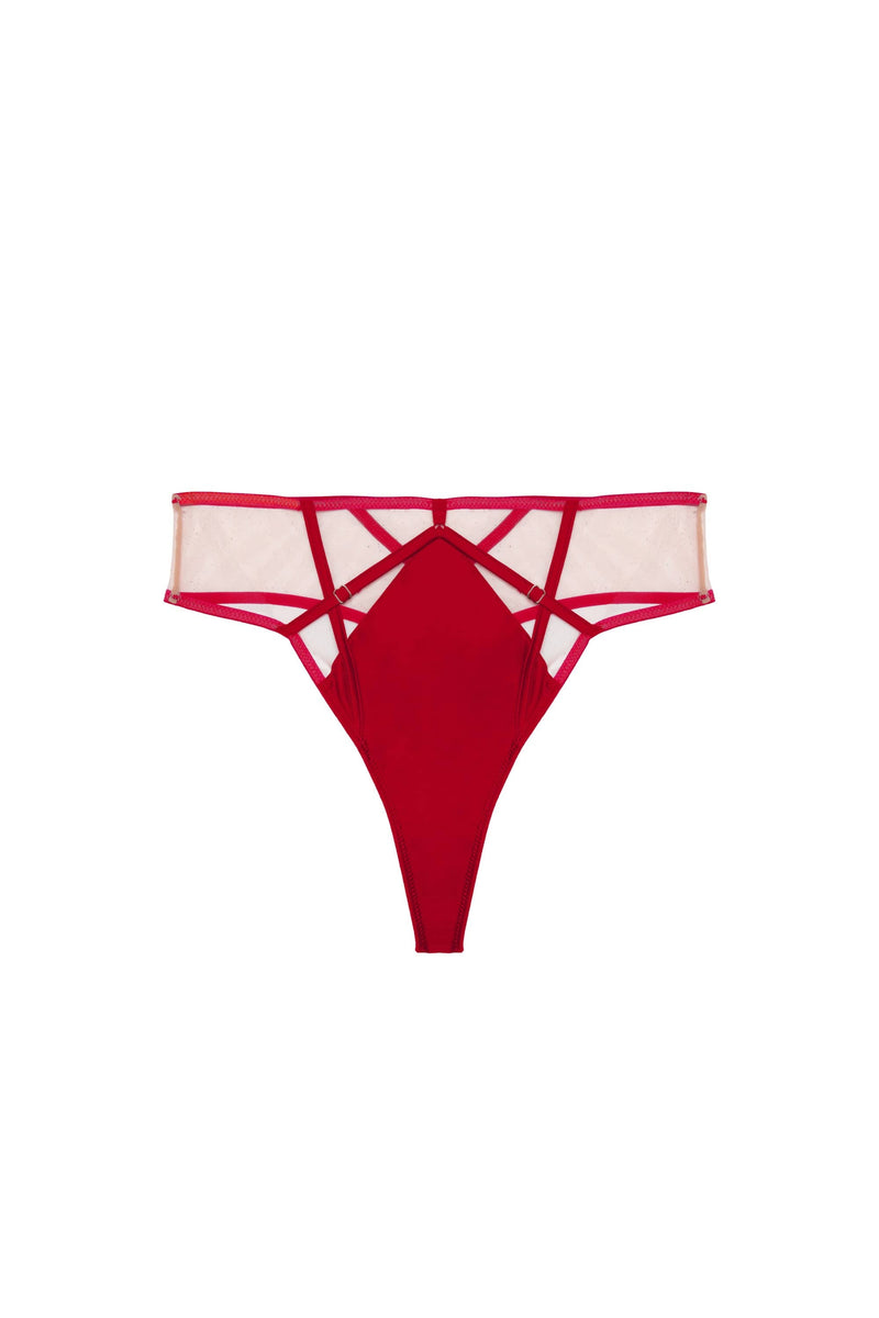 Ramona Ruby Red Strap Detail Illusion Mesh High Waisted Thong