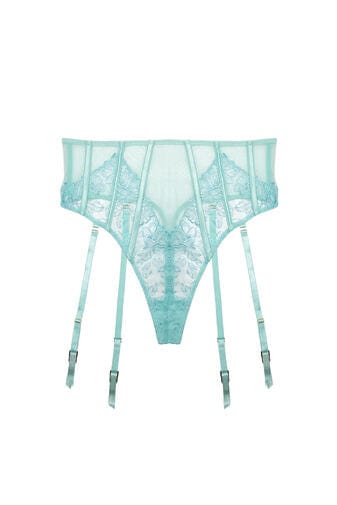 aqua embroidery and mesh high waist suspender thong featuring floral lace panels, sheer mesh fabric, and four adjustable satin suspender straps