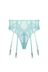 aqua embroidery and mesh high waist suspender thong featuring floral lace panels, sheer mesh fabric, and four adjustable satin suspender straps