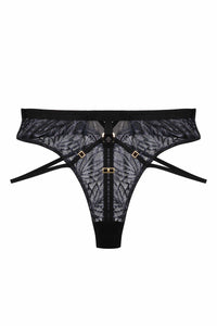 Black wet look lace high waist thong with straps