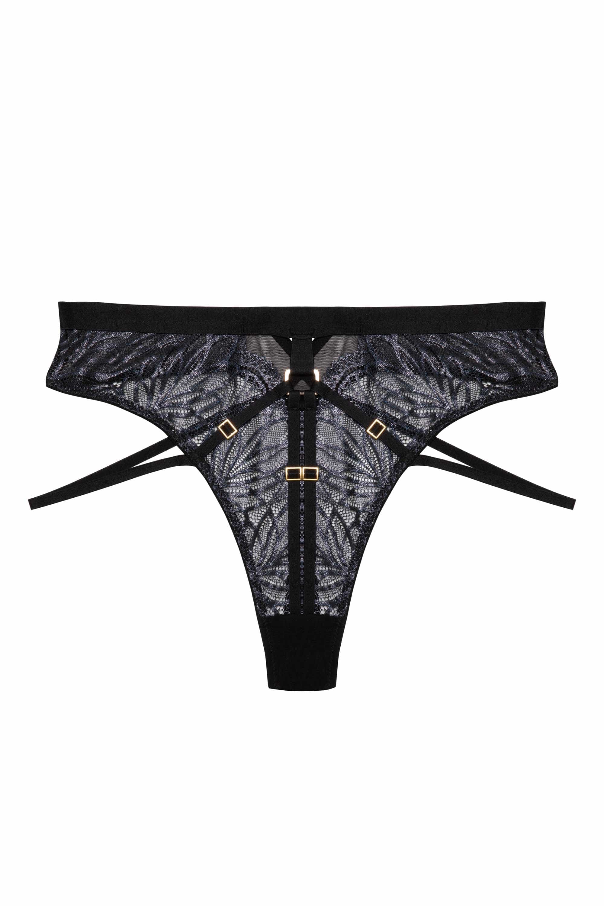 Black wet look lace high waist thong with straps