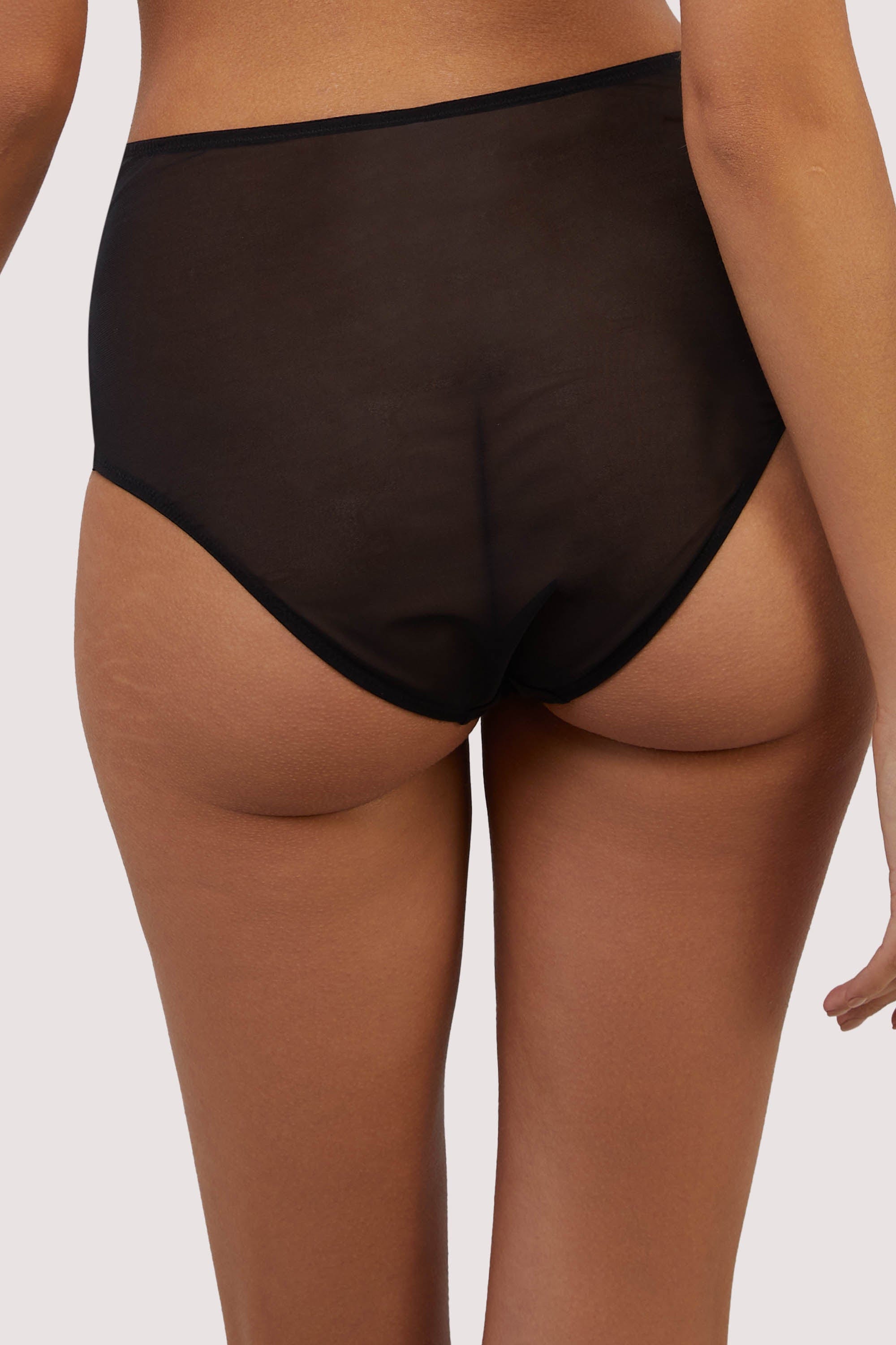 model shows black sheer high-waisted brief back