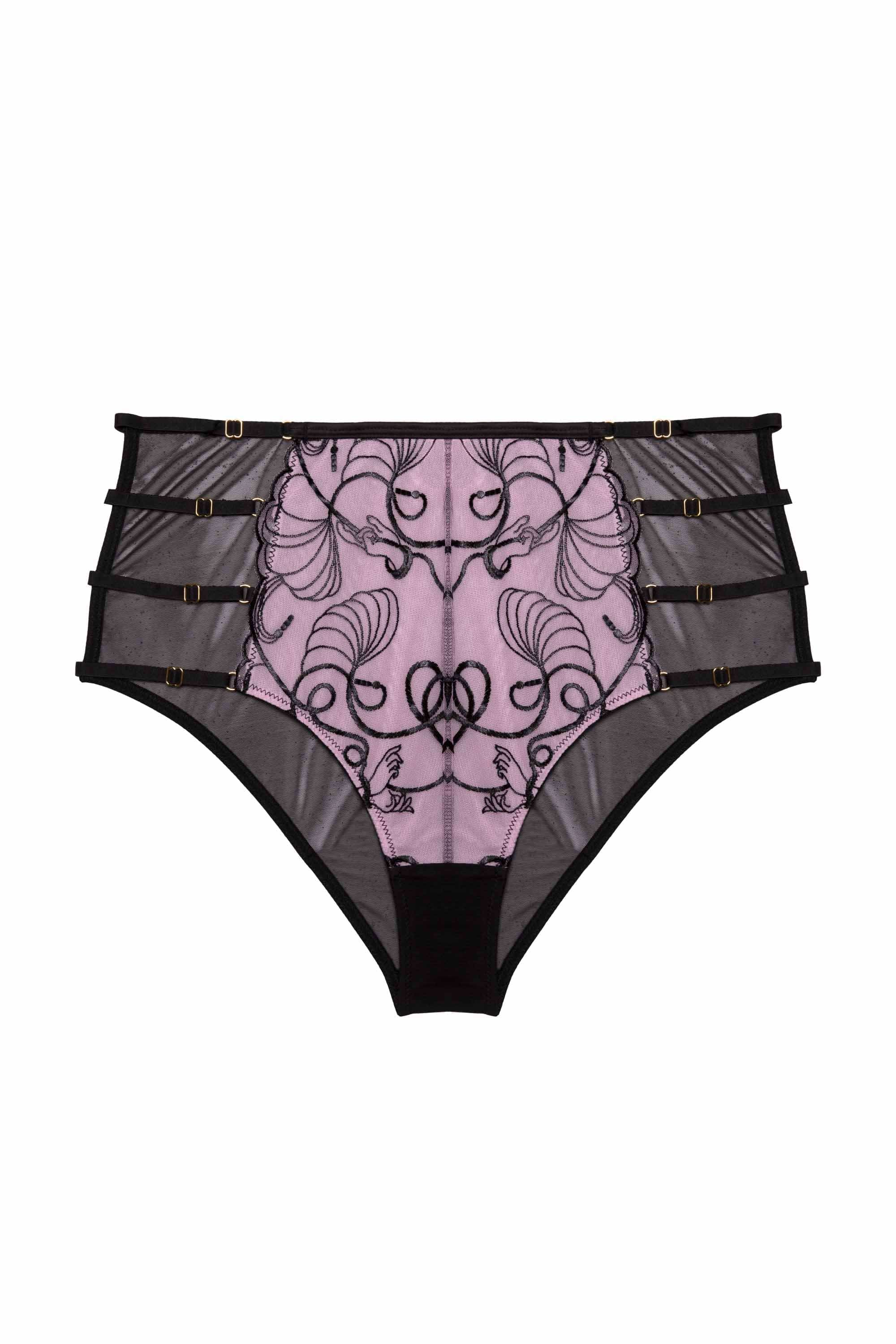 Pink and black embroidered high-waisted briefs with straps