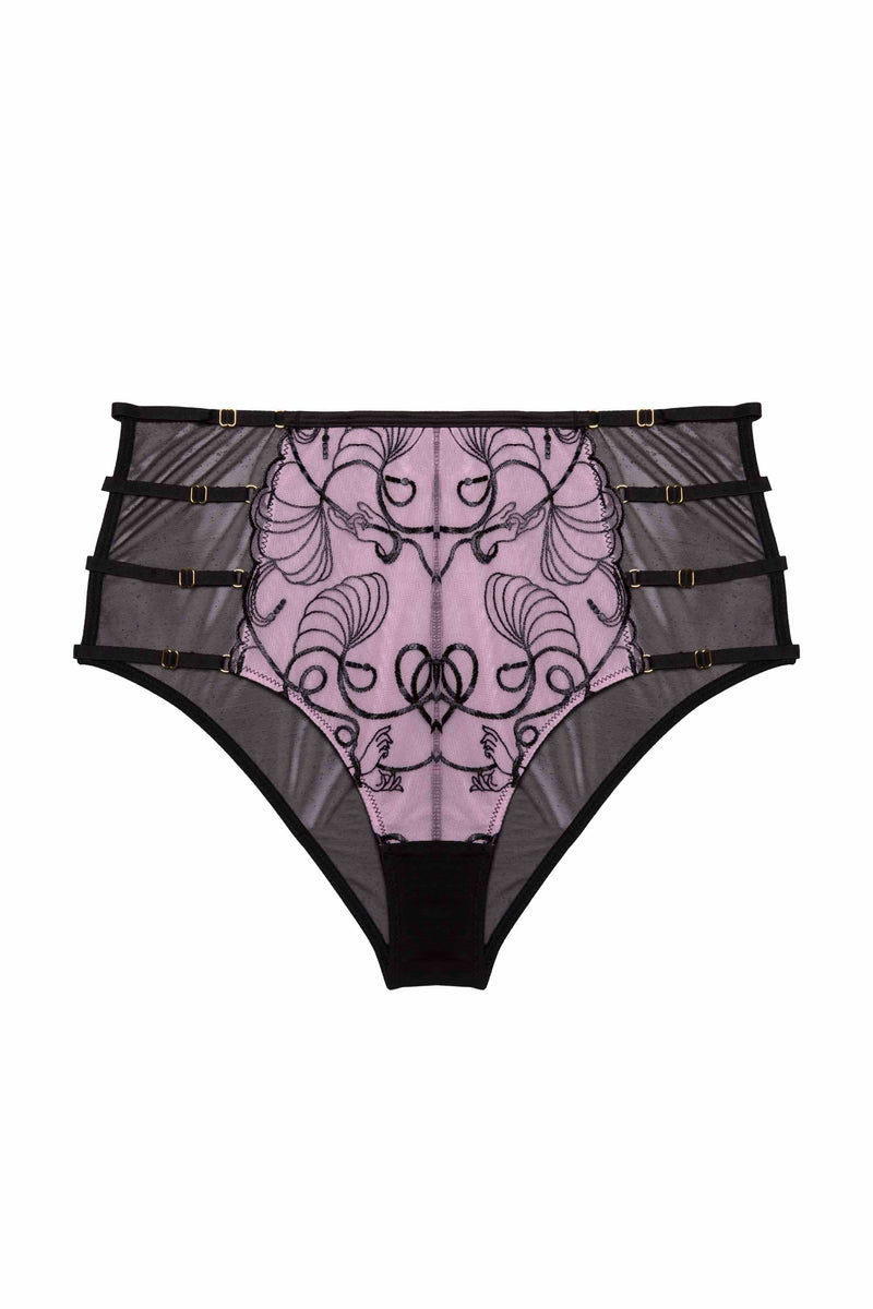 Pink and black embroidered high-waisted briefs with straps