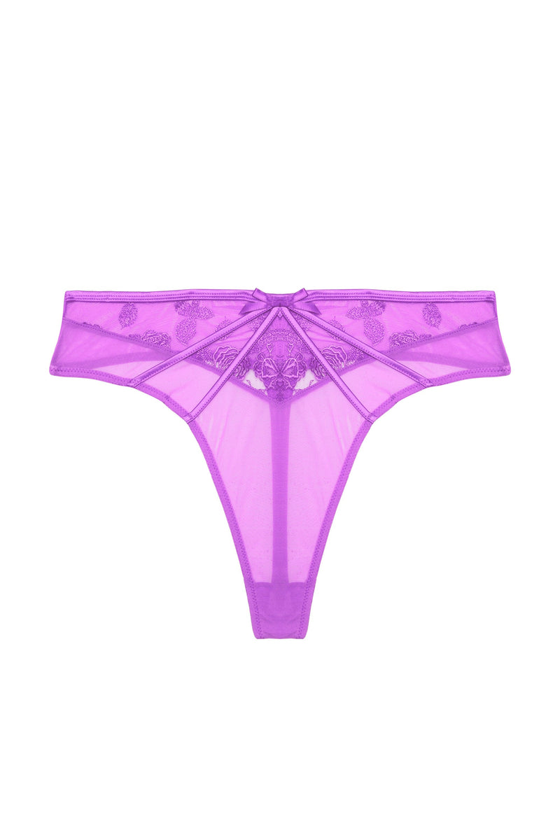 Purple lace high waist thong with straps