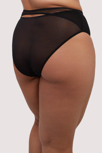 Model shows full brief back of sexy black mesh and fishnet high waist knickers