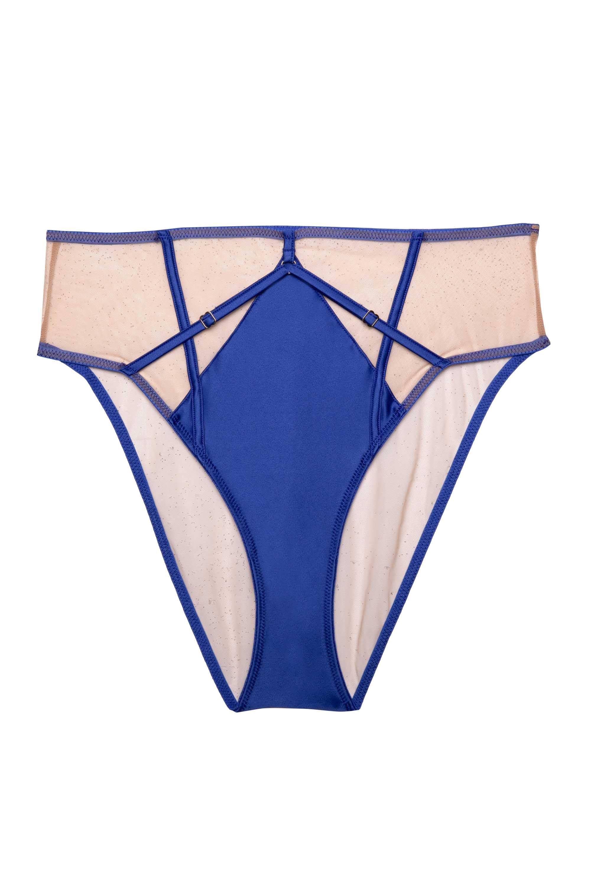 Cobalt blue high waist brief with mesh panels and straps