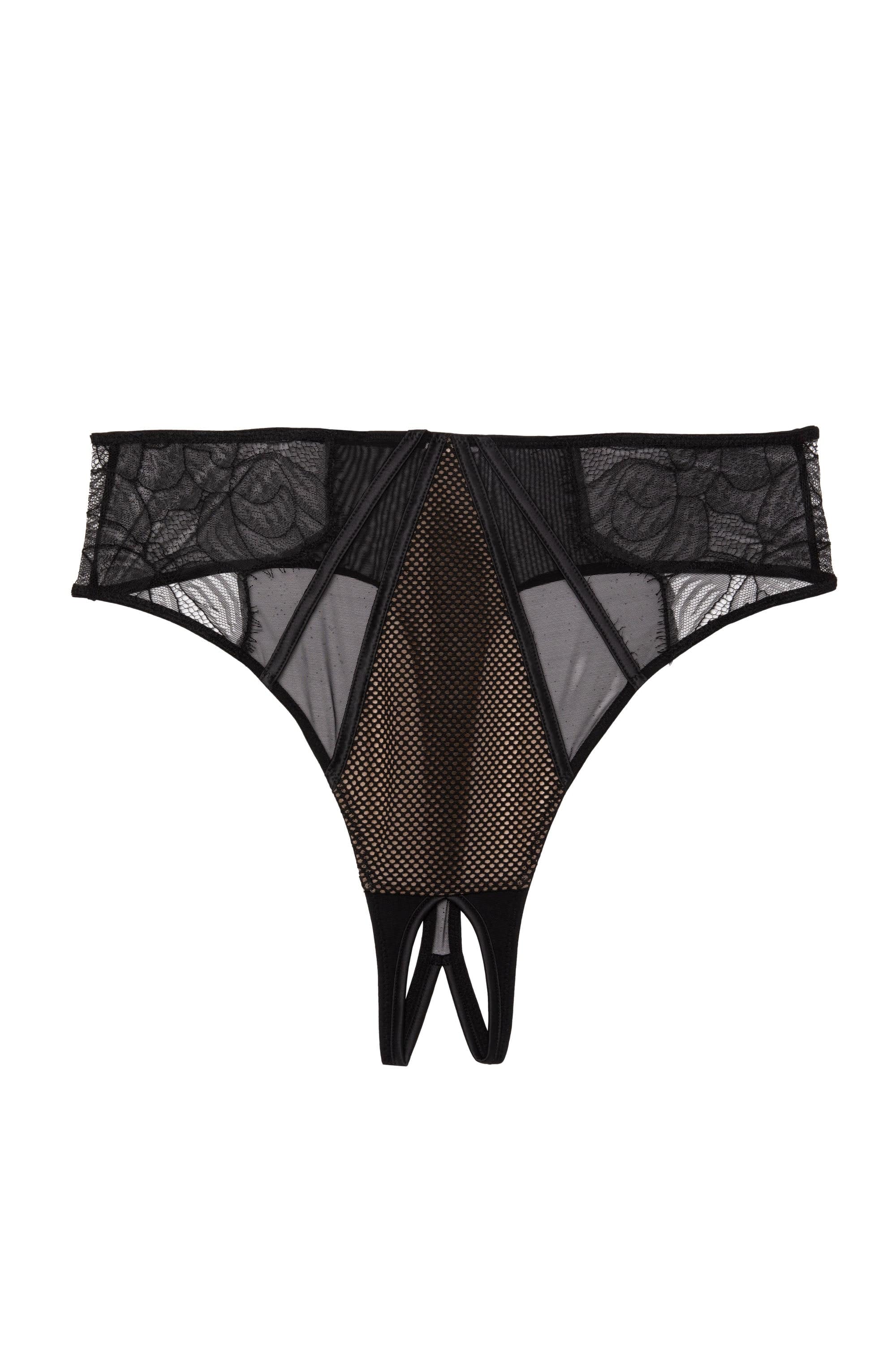 Fairfield Black Fishnet And Lace Crotchless High Waist Thong