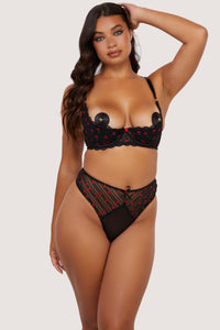 Elodie Black and Red Rosebud Embroidery Quarter Cup Bra