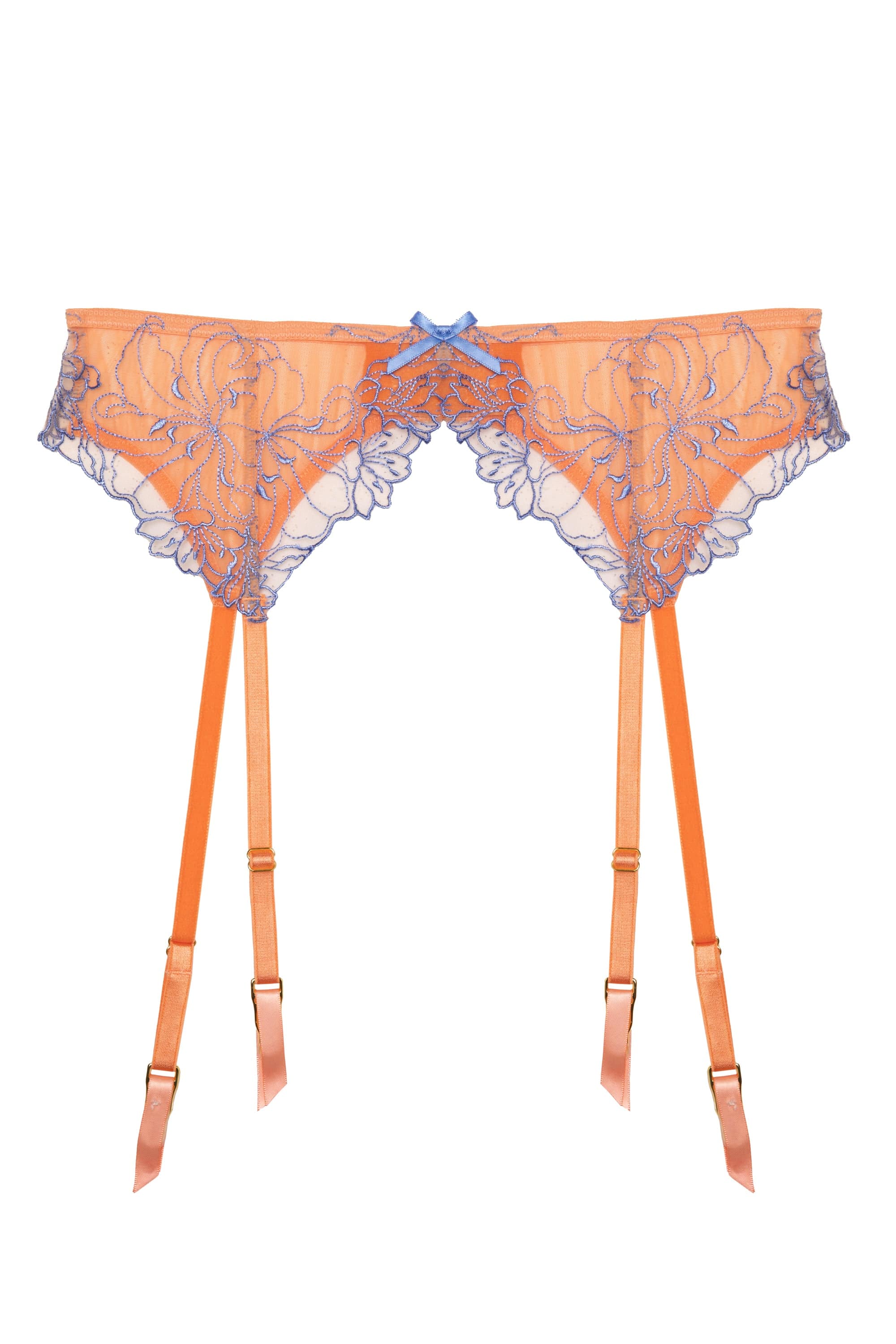 Cutout of orange mesh suspender with lacey blue-lilac detailing on the front.
