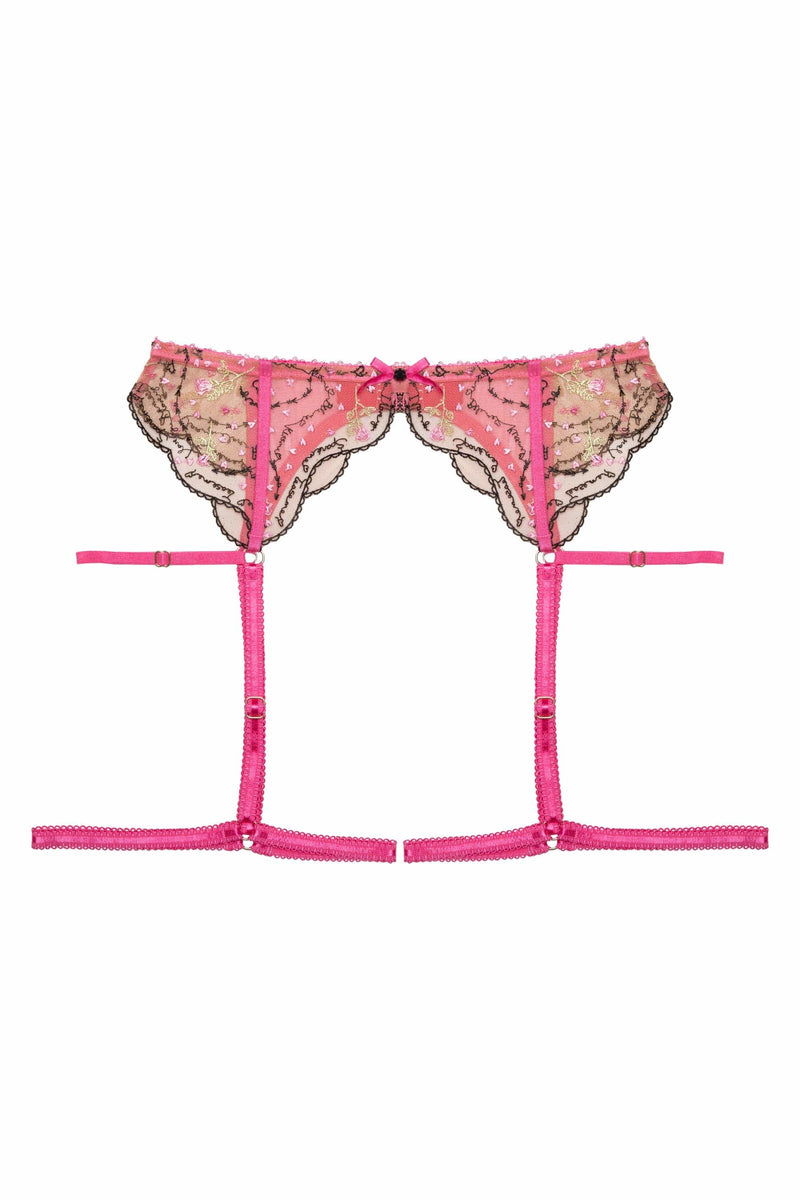 Spank Me Pink and Nude Custom Embroidery Suspender Belt