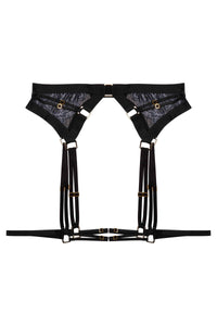 Black wet look lace suspender belt with thigh harness