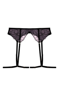 Pink and black embroidered suspender best with thigh harness