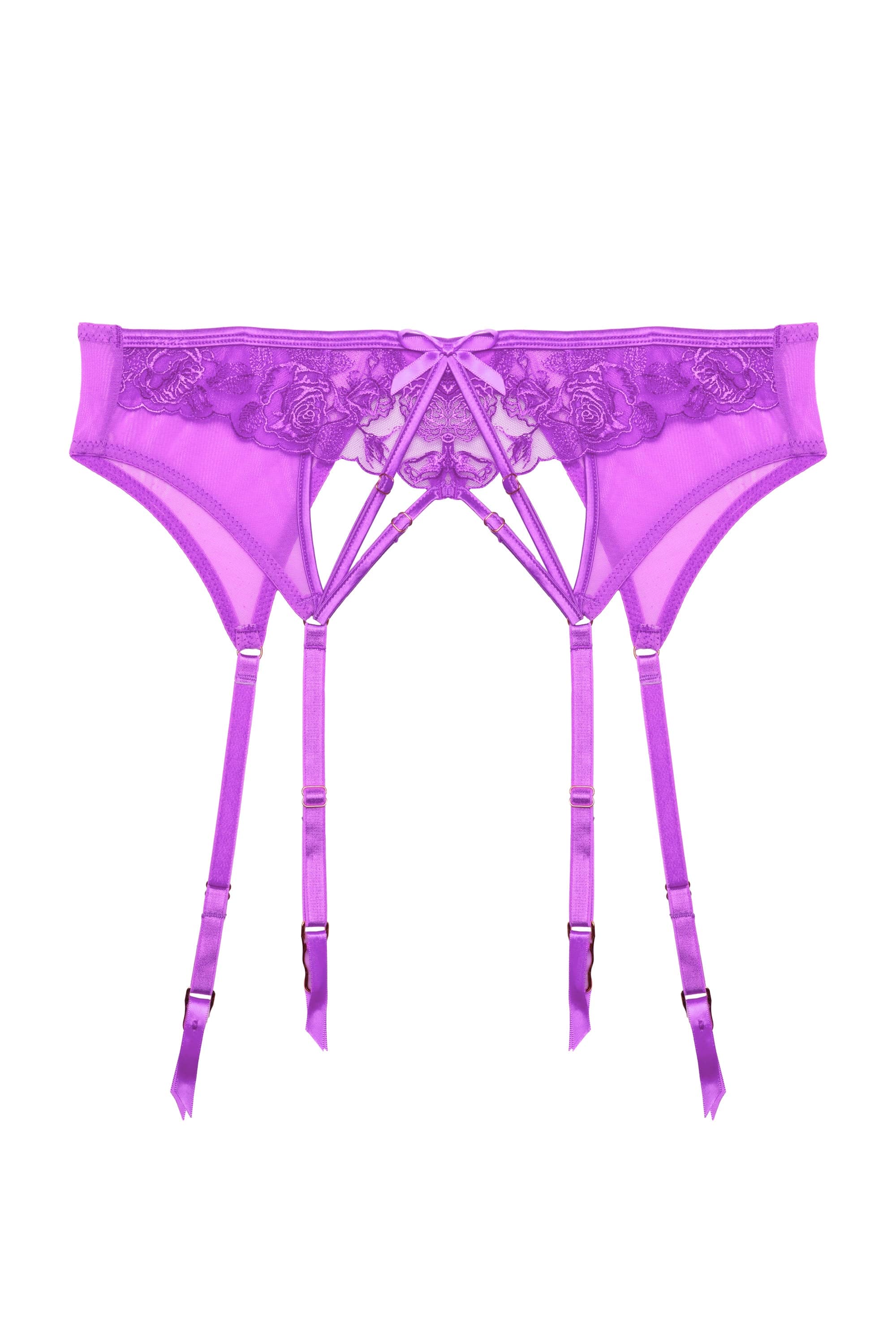 Purple strappy lace suspender belt with four straps