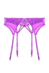 Purple strappy lace suspender belt with four straps