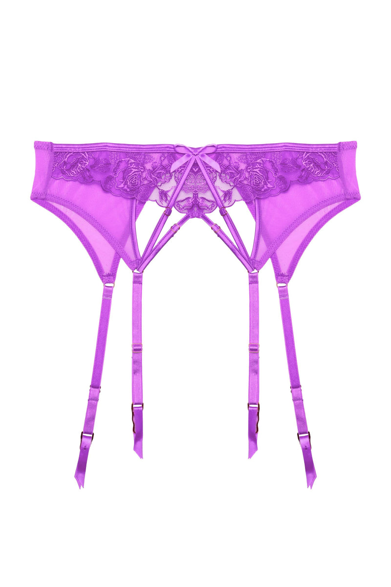 Purple strappy lace suspender belt with four straps