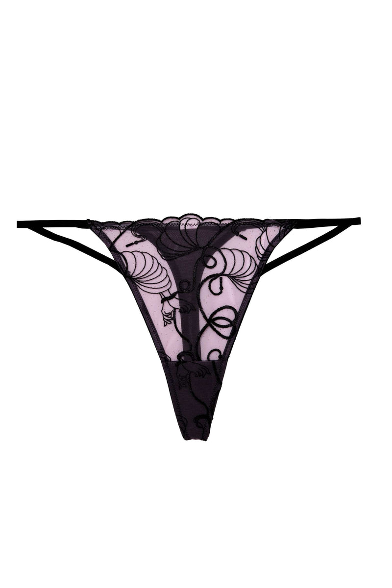 Pink and black embroidered thong