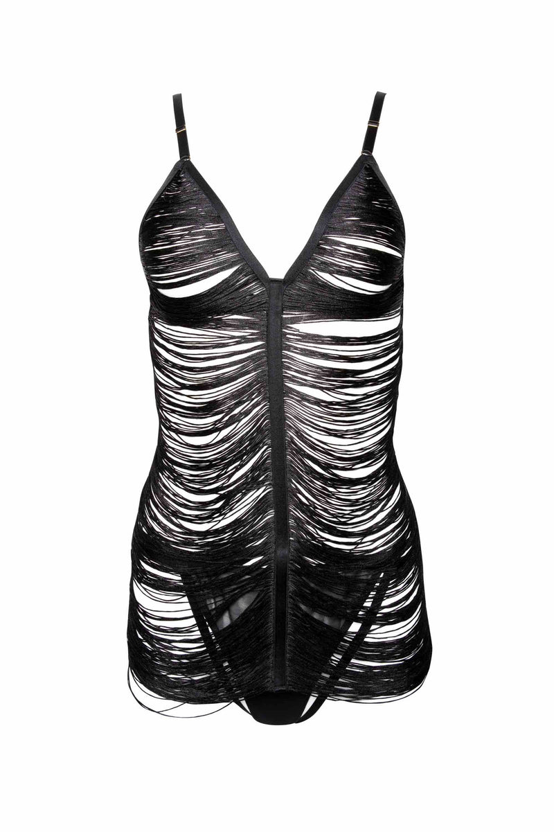 Kiera Black Fringe Bodysuit Dress with Thong