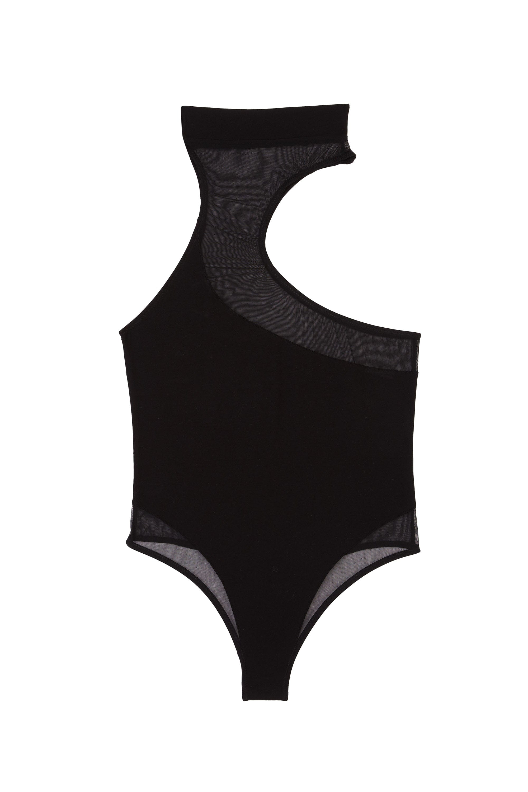 Black asymmetric mesh and jersey thong bodysuit with high neck design