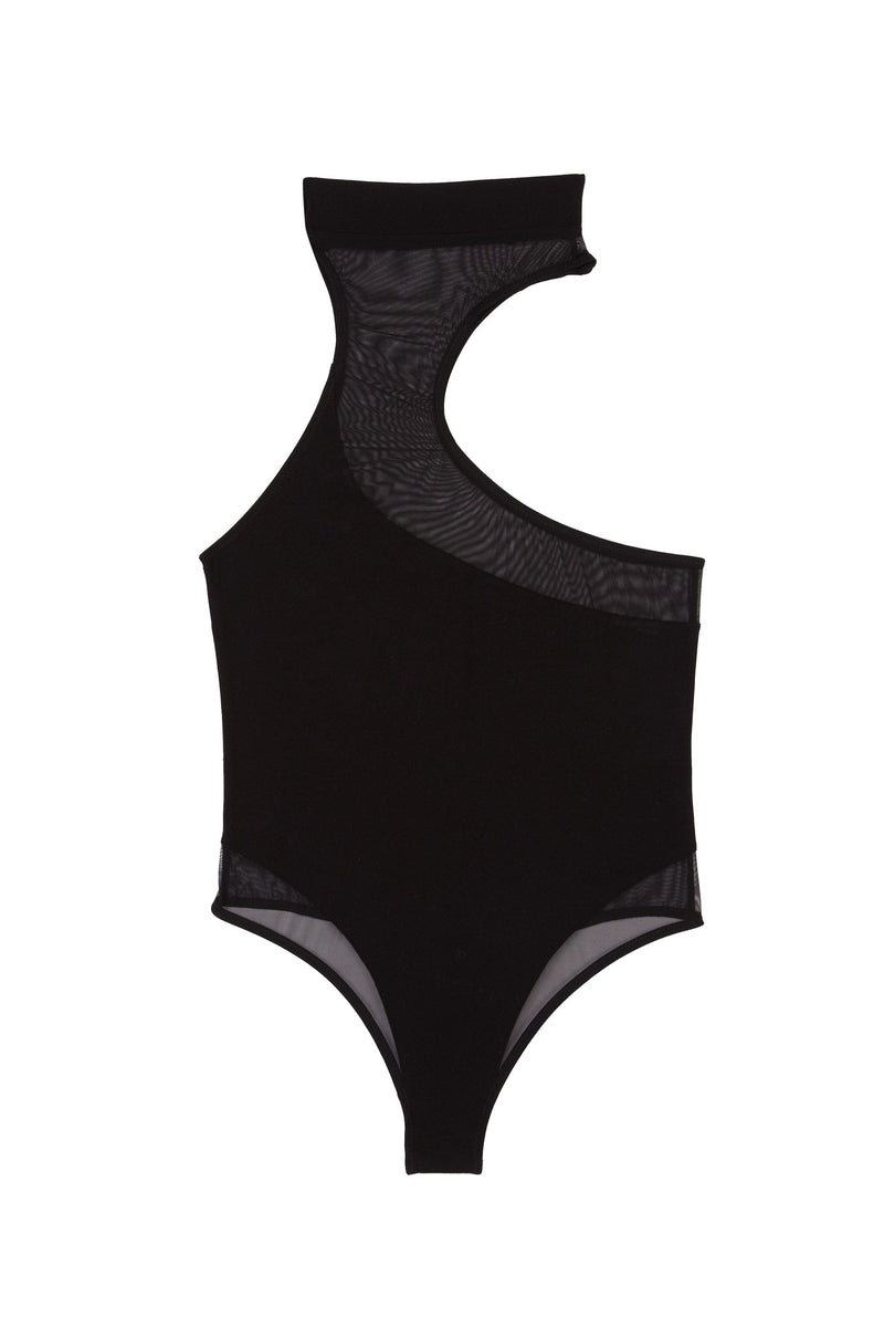 Black asymmetric mesh and jersey thong bodysuit with high neck design