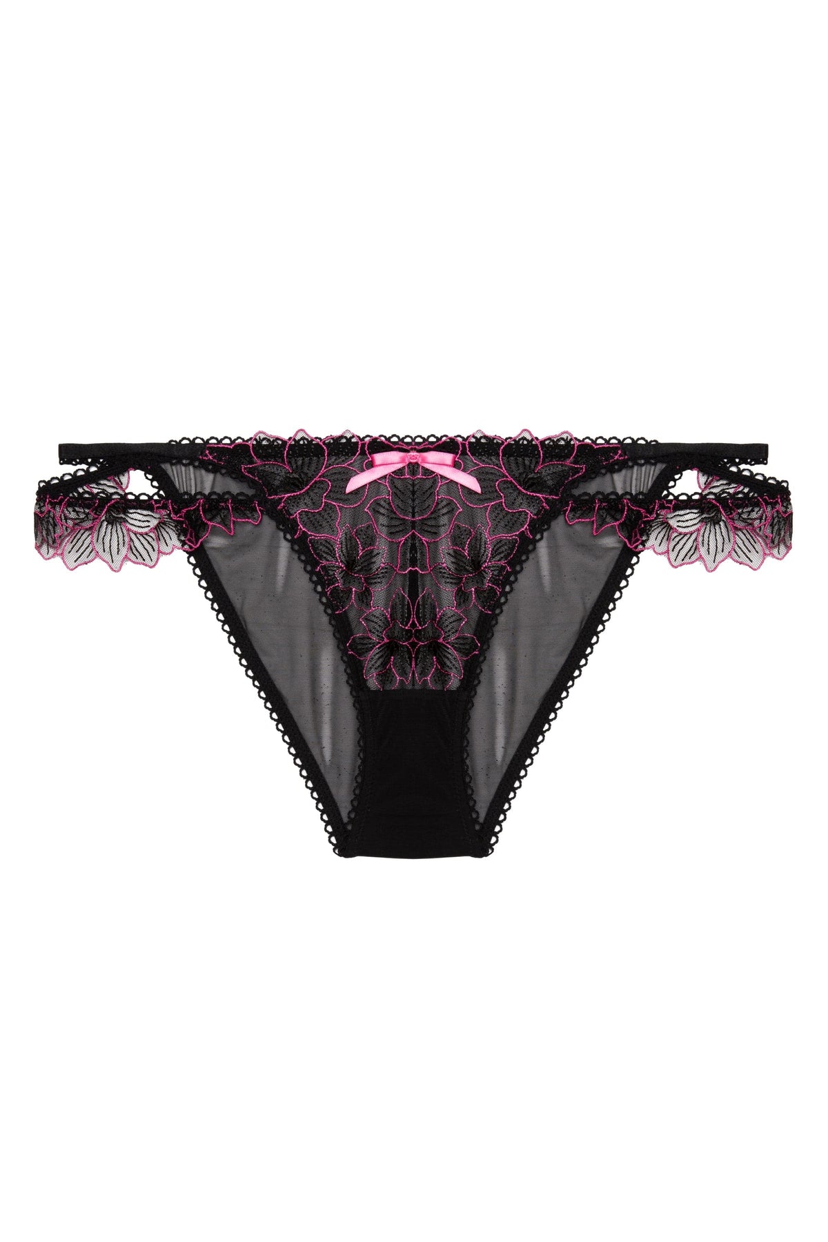 Black mesh brief with hot pink floral embroidery detail and a pink bow in the centre.