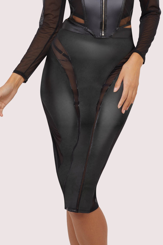 Maeve Black Vegan Leather Mesh Insert Pencil Skirt