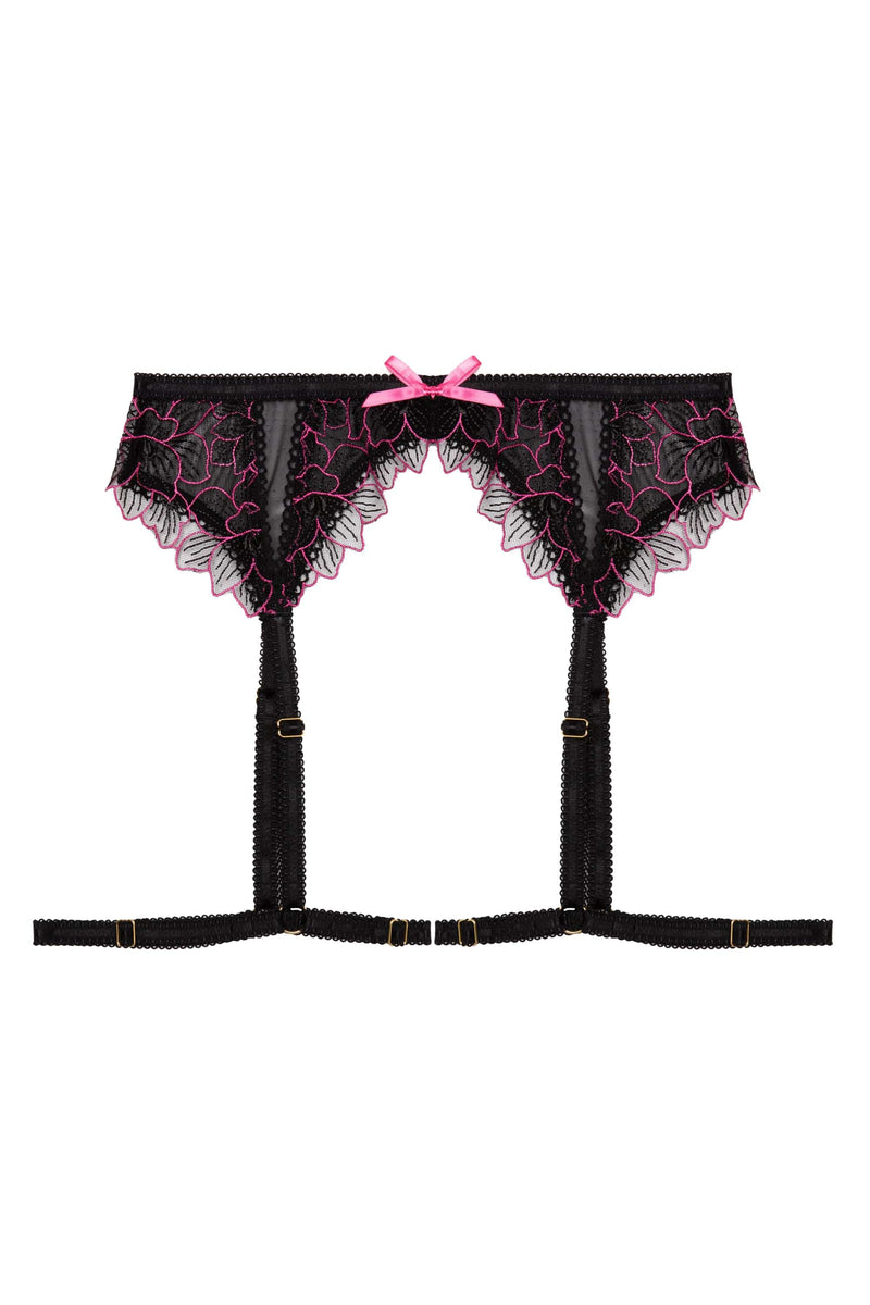 Eliza Black And Hot Pink Floral Embroidered Suspender Belt Playful Promises USA Eliza Black And Hot Pink Floral Embroidered Suspender Belt Playful Promises USA