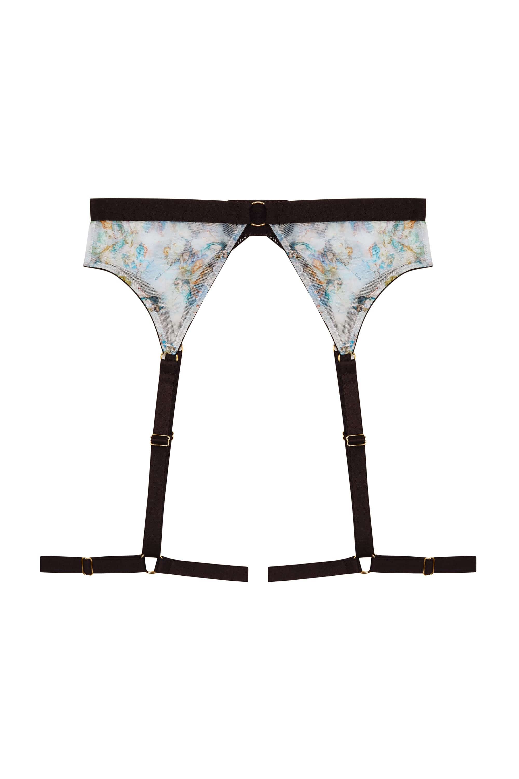 Renaissance printed sheer mesh suspender belt with thigh harness