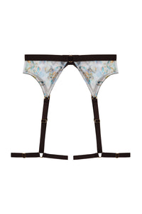 Renaissance printed sheer mesh suspender belt with thigh harness