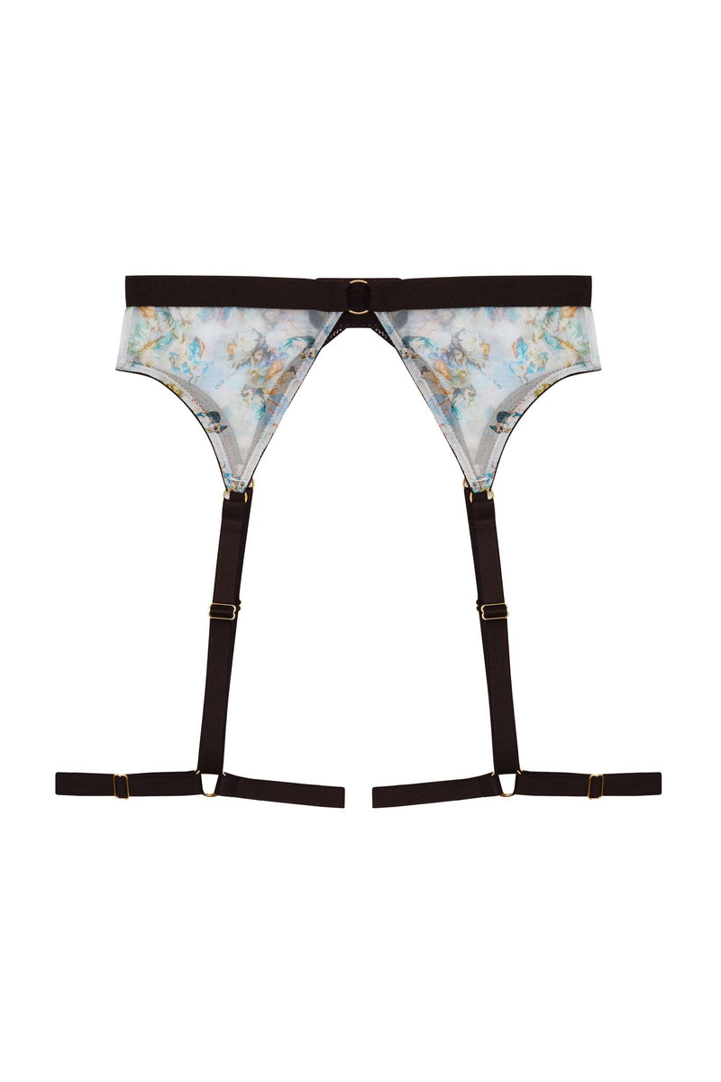 Renaissance printed sheer mesh suspender belt with thigh harness