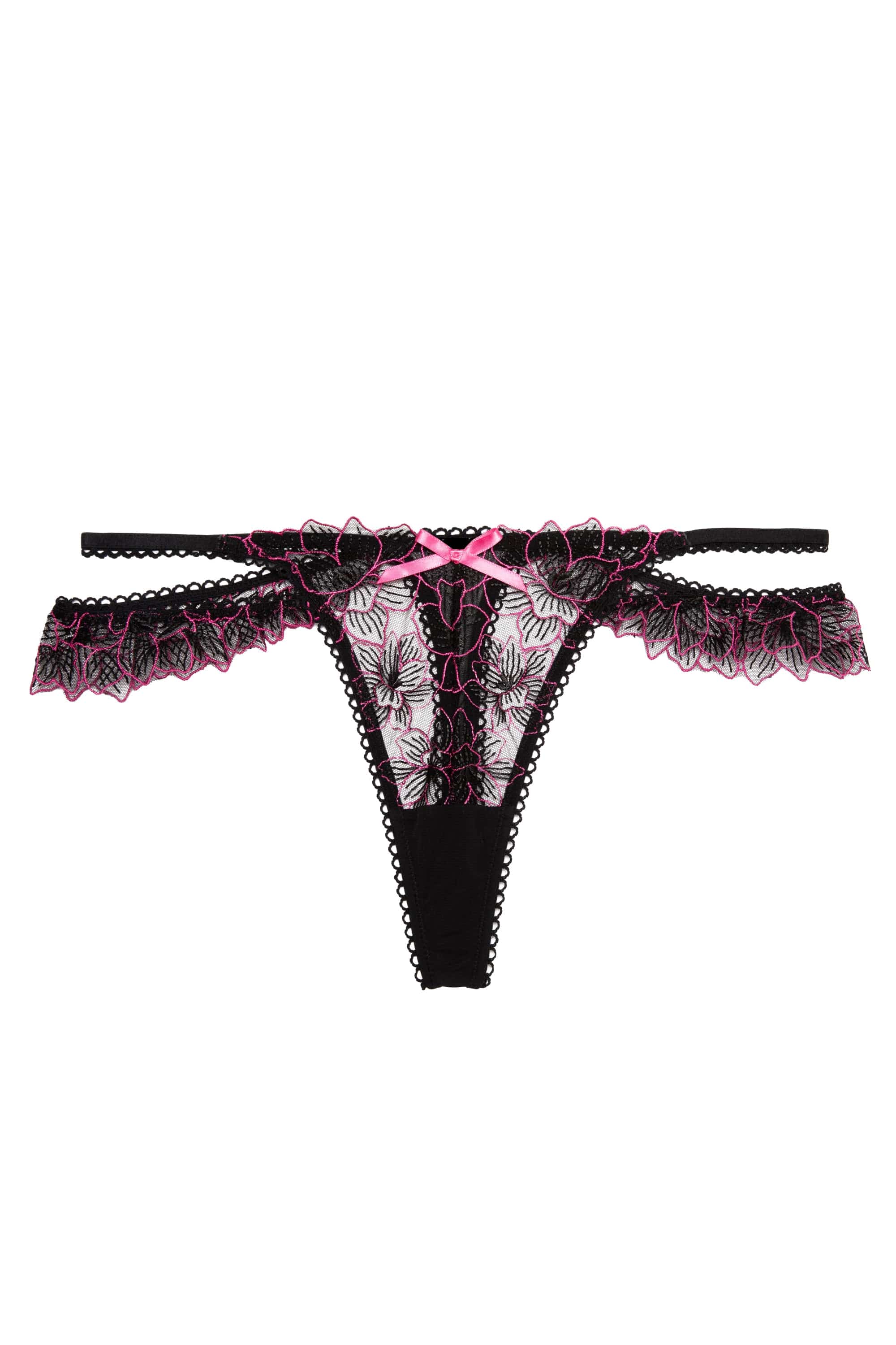 Eliza Black And Hot Pink Floral Embroidered Thong