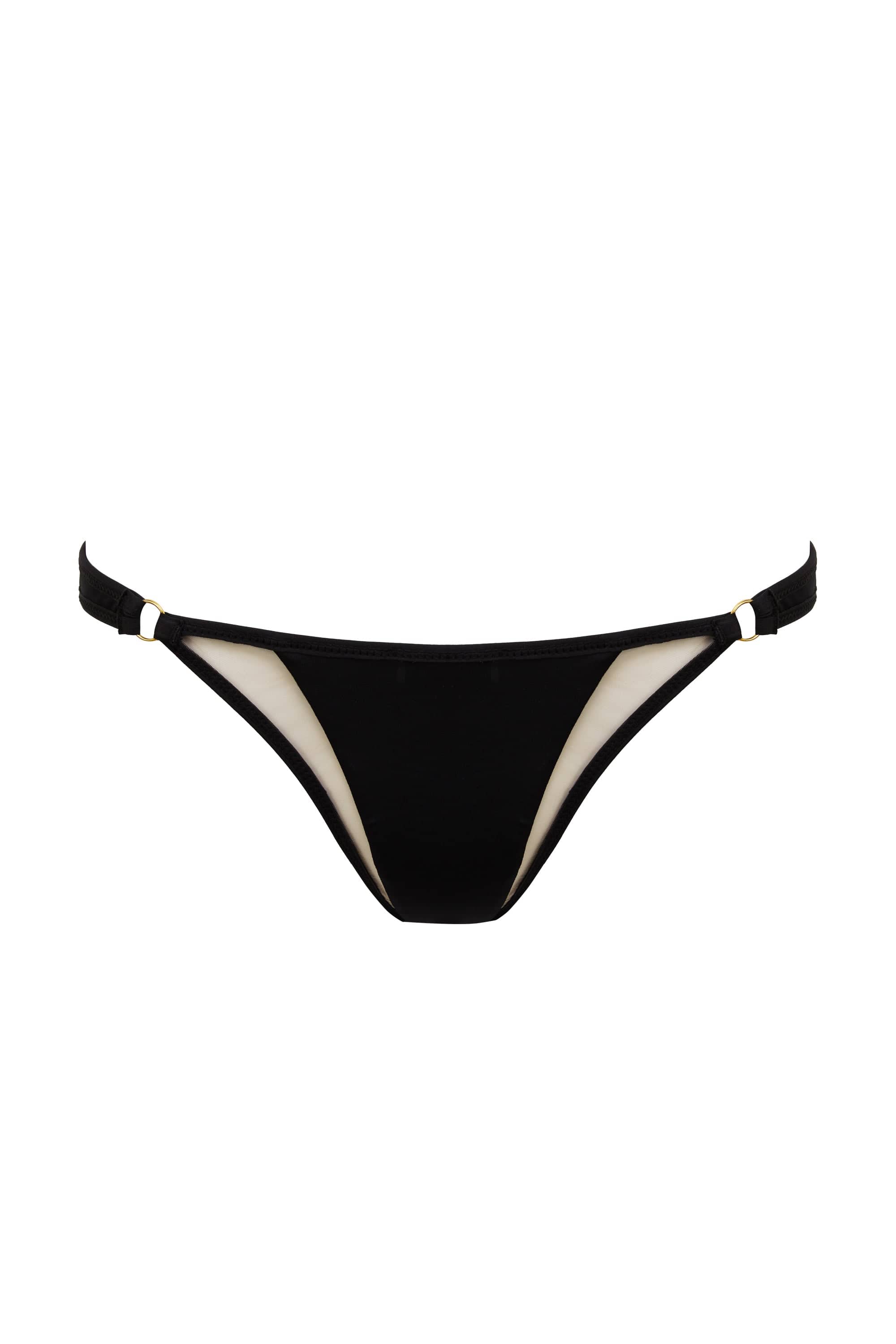 Black mid-rise bikini bottoms with nude mesh panels and gold metal rings