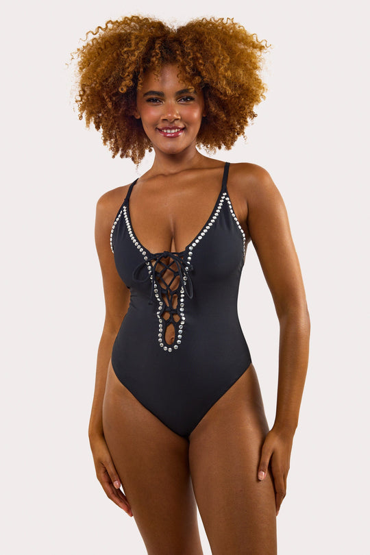 Gabrielle Fuller Bust Black Eco Studded Lace-Up Swimsuit