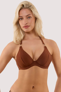Model wears a tamzin chocolate brown underwired bikini top with hardwear with underwire cup and a metal clasp fastening.