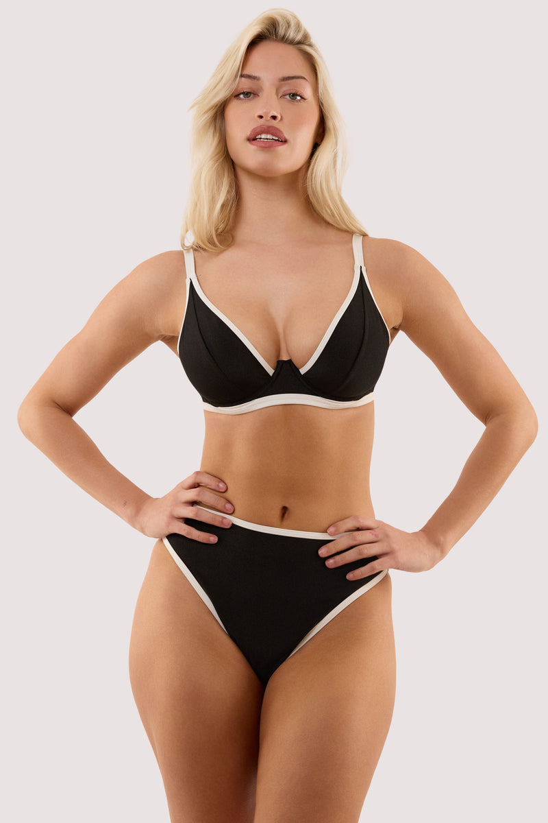 Model wears a ally black & ivory underwired bikini top with a matching high waist bikini brief.