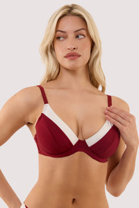 Model wears a stasia wine and ivory fuller bust underwired bikini top with ivory contrast trim, supportive underwired cup.