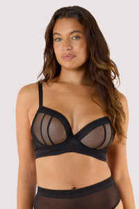 Model wears black sheer plunge bra with sheer mesh plunge cups longline underband