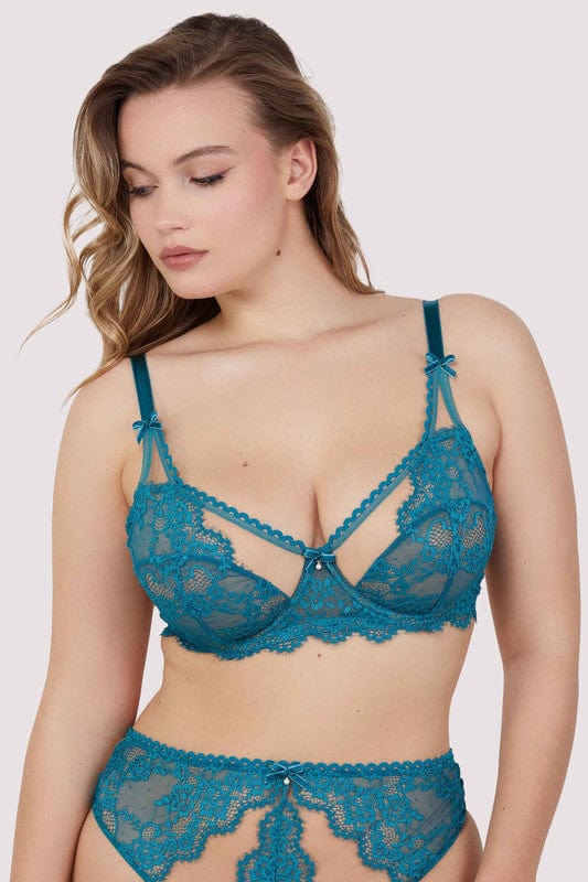 Model wears a teal eyelash lace balconette bra with underwired balconette cups, velvet bow with pearl charm and nude mesh with teal eyelash lace.