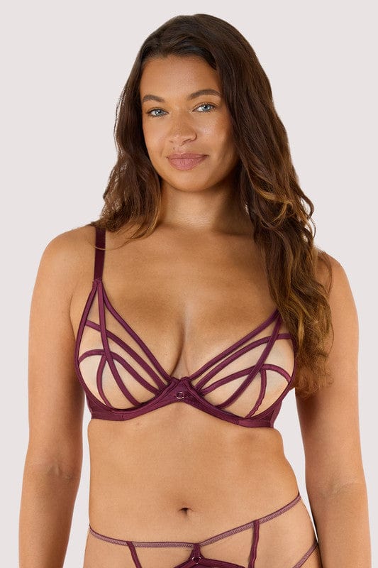 Model wears a wine plunge bra featuring a satin caged, strap detailing, and full mesh cups with underwired.