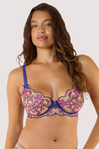 Model Wears Baroque Embroidery Bra Blue Satin Straps and Floral Nude Mesh Cups